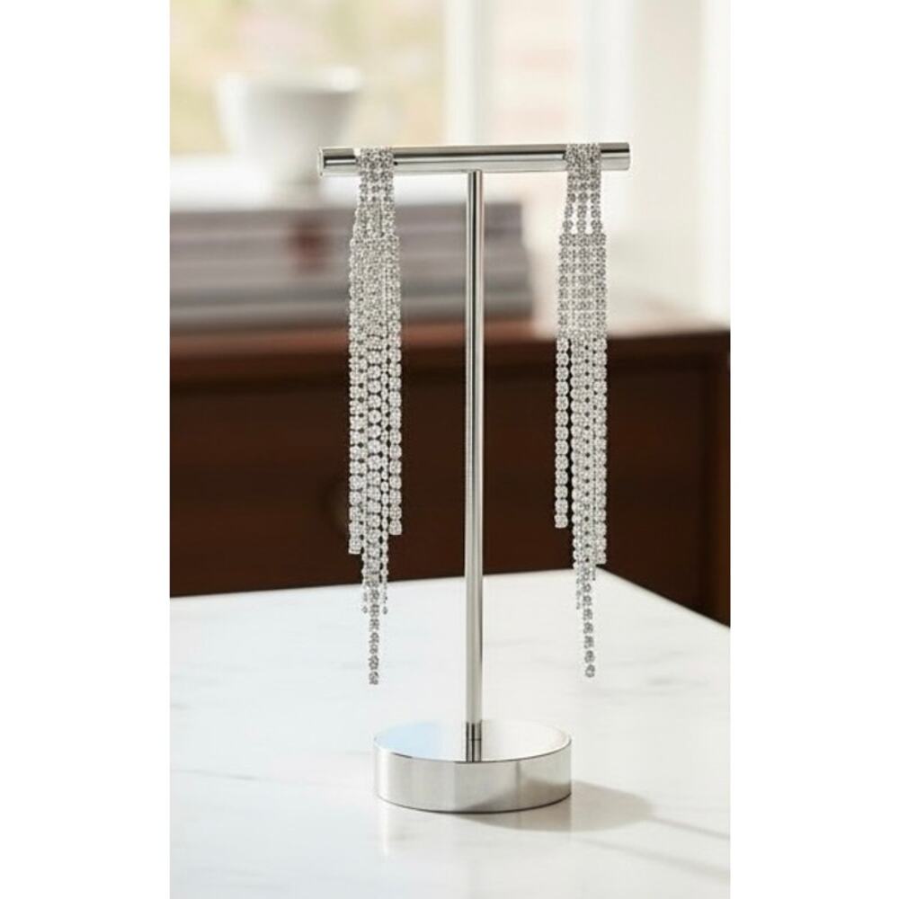 Rhinestone Fringe Earrings Silver 4” Dangle Statement Hypoallergenic NIP